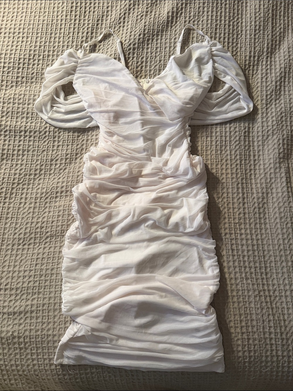White Ruched Off-Shoulder Dress